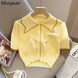 Kawaii Knit T-shirts Women Vintage Peter Pan Collar Harajuku Girlish Sweet French Gentle Summer Crop Y2k Tops Aesthetic Preppy