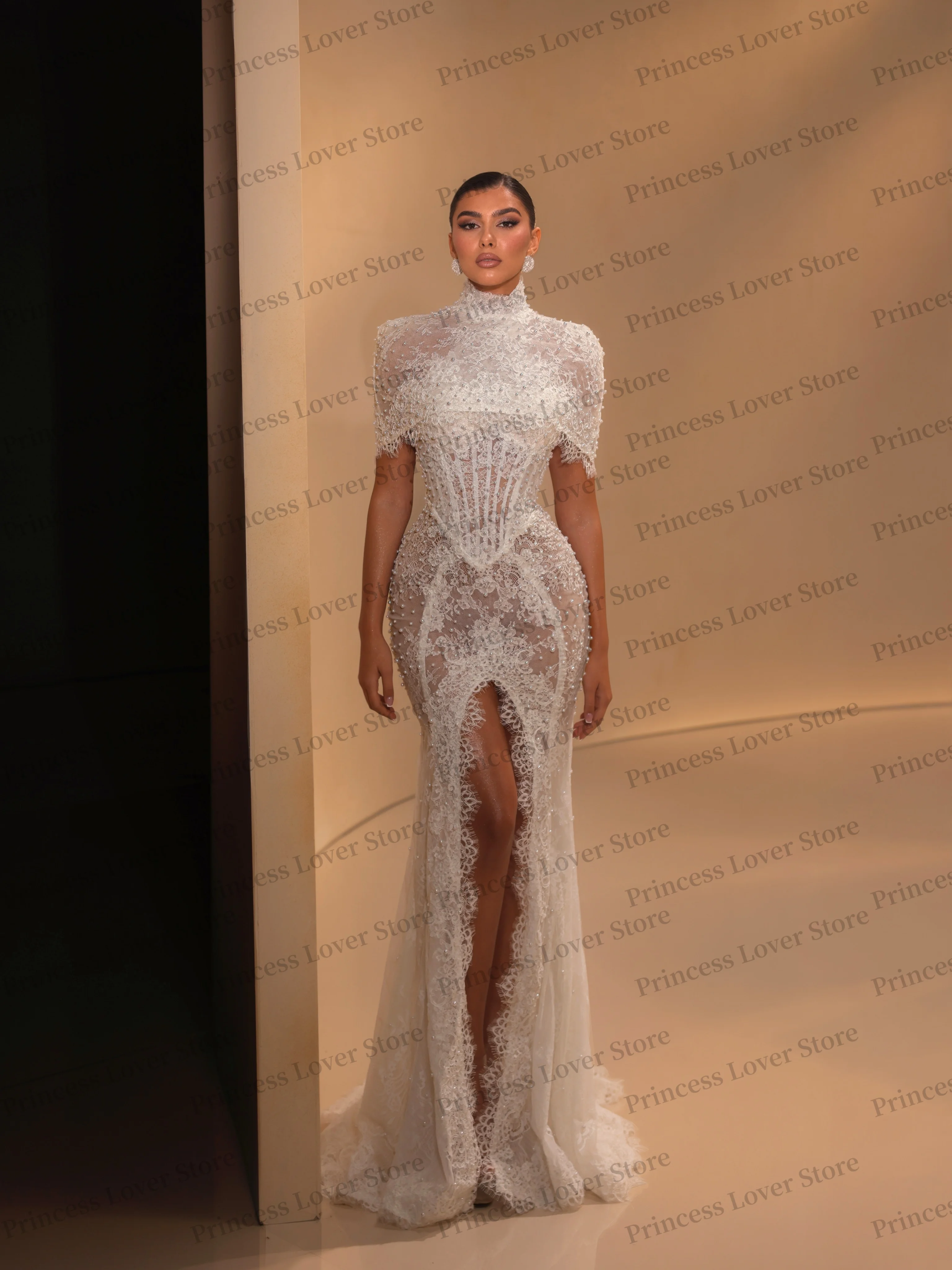 Mermaid Wedding Dresses Lace Appliqued Slit Bridal Gown with Shawl Wrap Beaded Party Dress Vestidos Customized