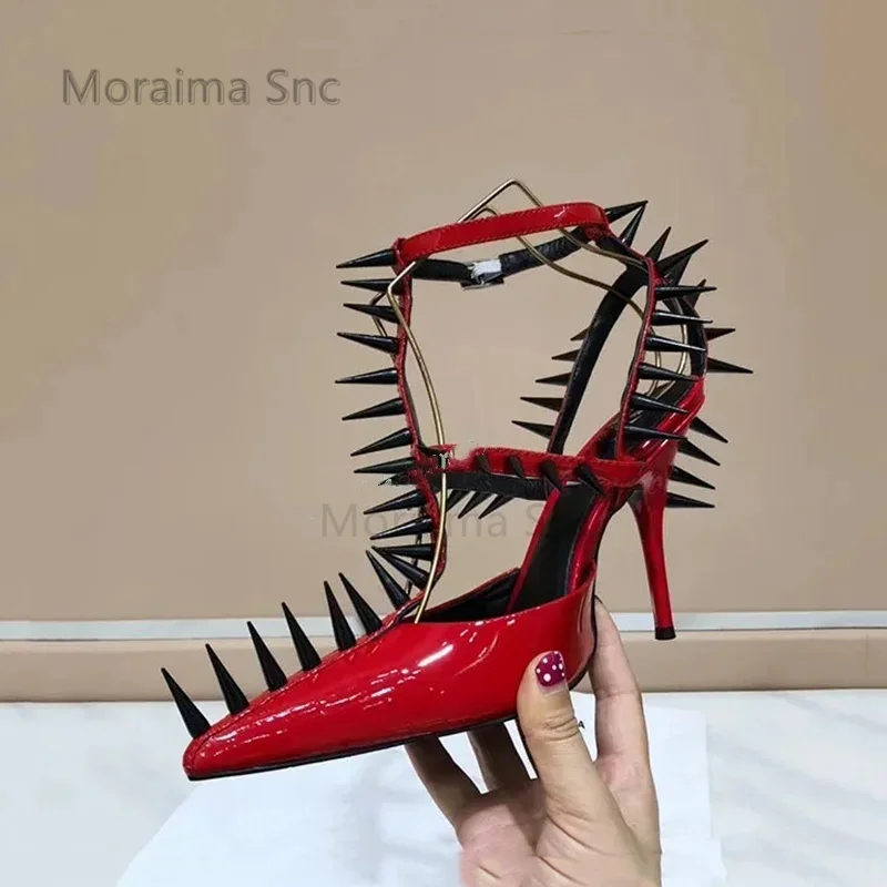 Sexy Black Red Rivet Stiletto Women\'s Pumps Novelty Runway Show Shoes Pointed Toe Patent Leather High Heels Big Studded Sandals