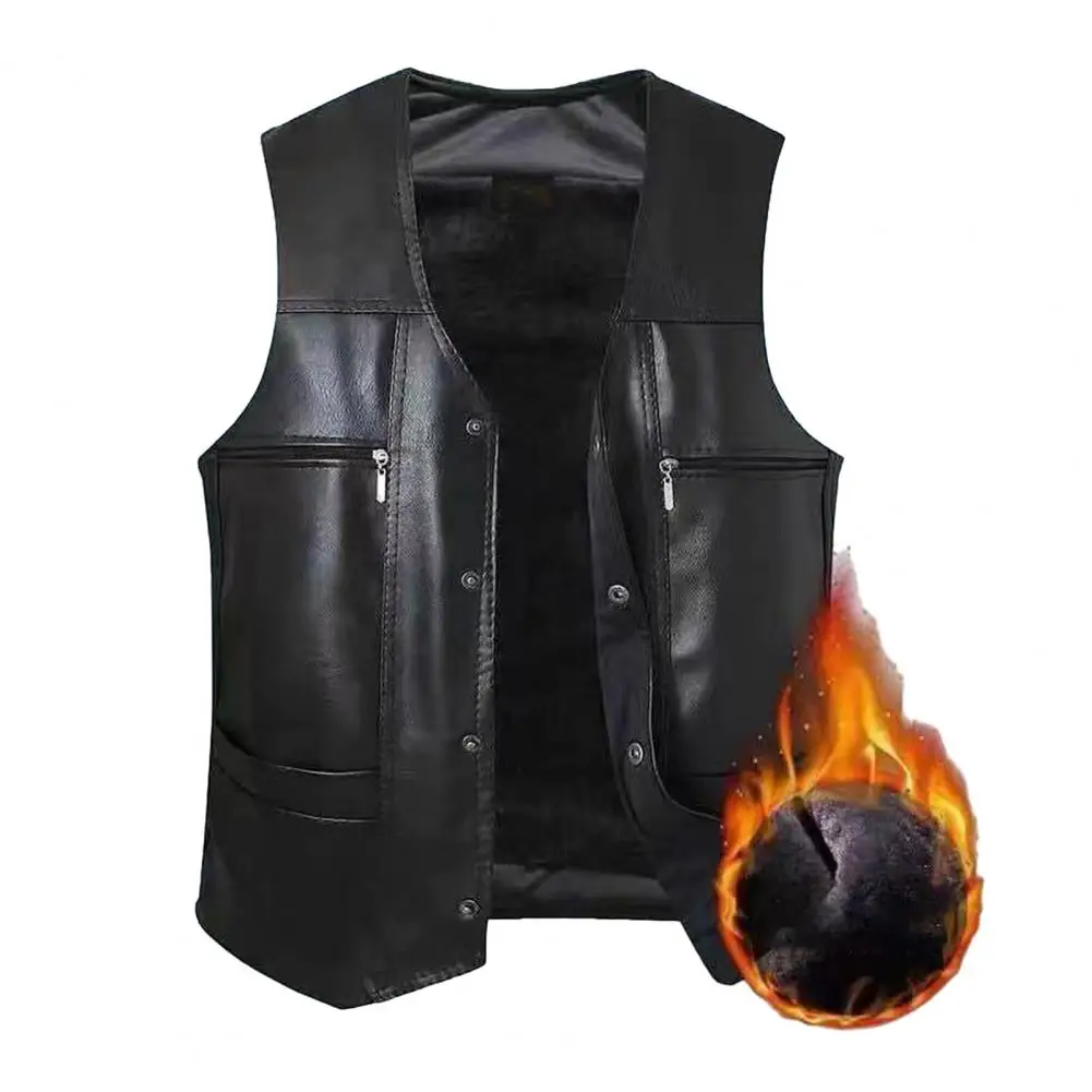 

Men Winter Vest Faux Leather Plush V Neck Vest Coat Multi Pockets Sleeveless Single-breasted Windproof Mid-aged Men Waistcoat