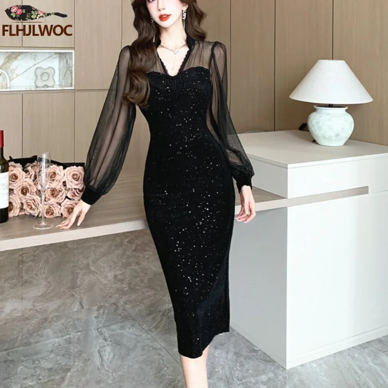 Neujahr Französisch Design Party kleid elegante Abend Retro Vintage Qipao Stand Split Slim Fit Wrap Hüfte sexy transparente Mesh Bling Kleid