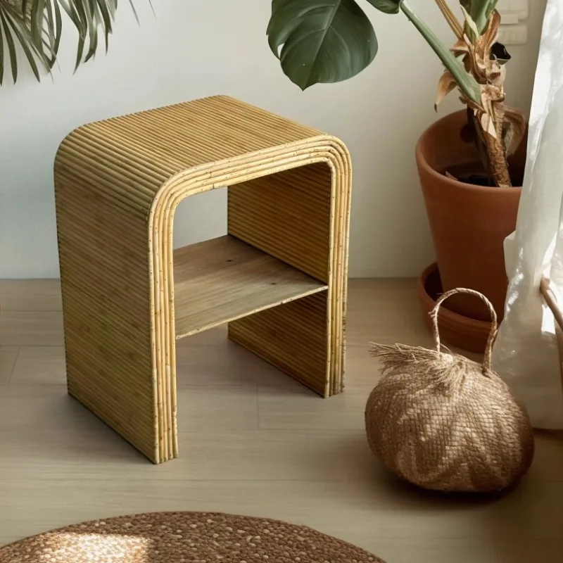 Handmade Rattan & Bamboo 2-Tier Side Table, Mid-Century Rustic Storage Coffee Table, Farmhouse Style for Living Room Balcony