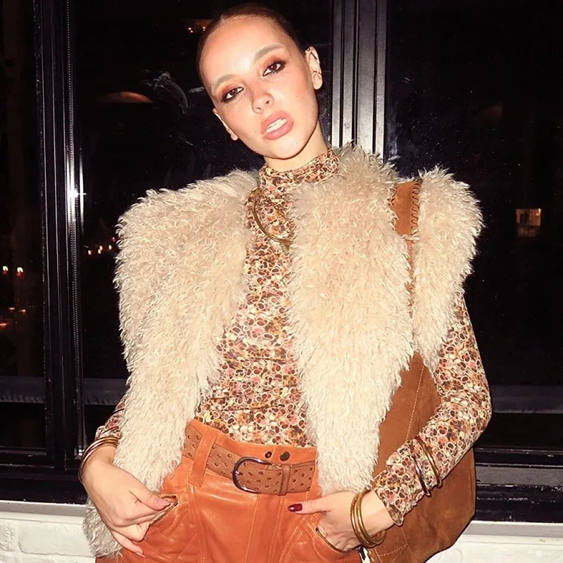 

Vintage Solid Faux Fur Vest Coat Women Luxury Plush Sleeveless O-neck Short Open Vests Coats Female Winter Autumn Chic Outwear