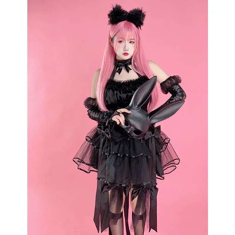 New Original Design Japanese Harajuku Hot Girls Black Stitching High Waist Bow Skirts Sweet Punk Lolita Mini Skirts Suit