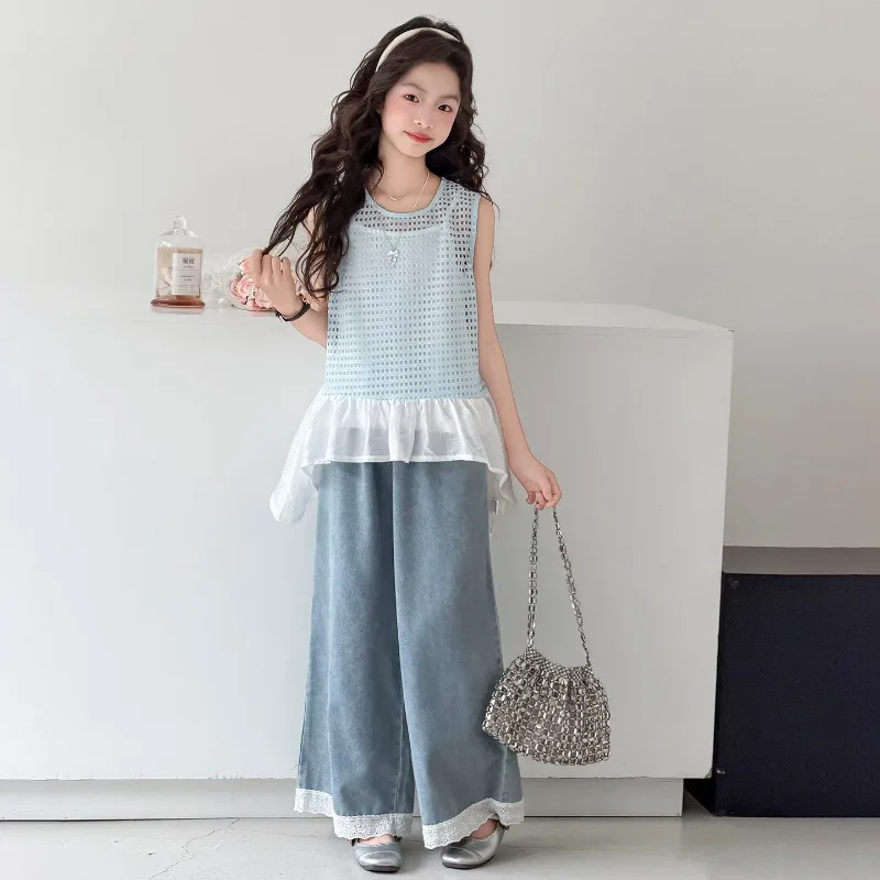 Girls Three Piece Set Summer Spaghetti Strap Tops with Sleeveless Hollow Out Vest and Wide Leg Jeans for Children 19.5-57.5kg