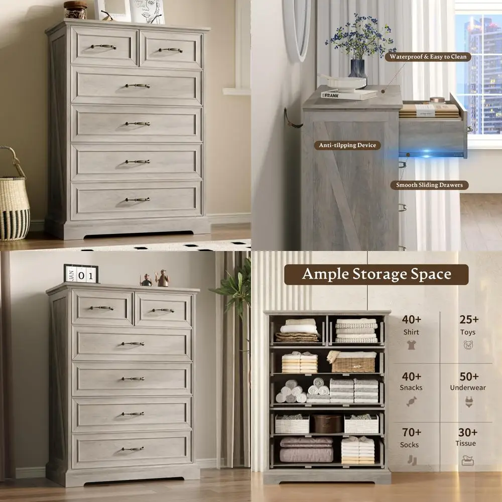 

6-Drawer Bedroom Chest, 43 Tall Wooden Dresser with Deep Storage and Bar Pulls, Contemporary TV Stand Dresser