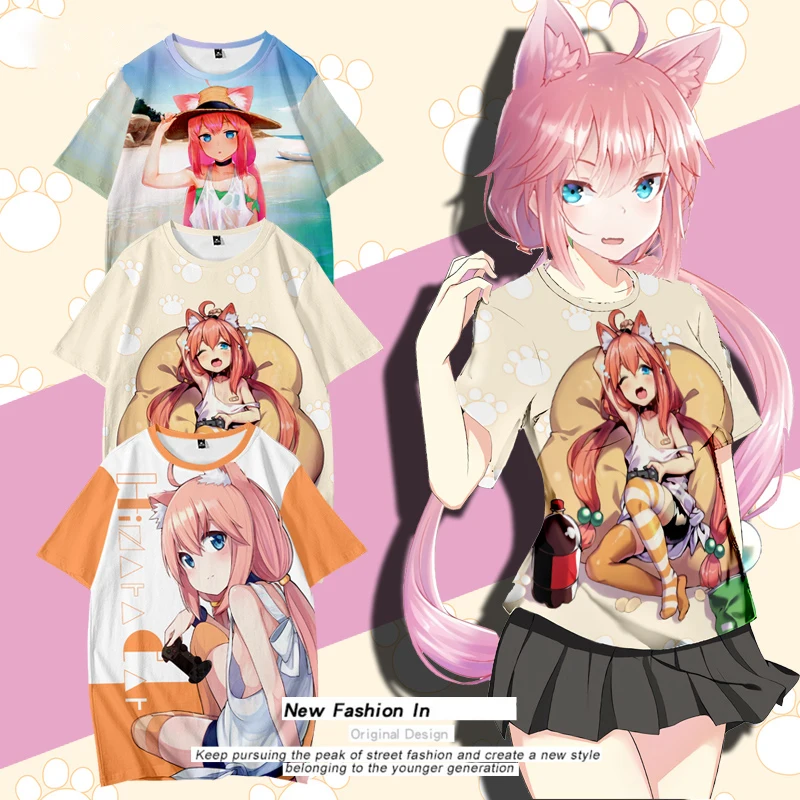 VTuber Nekomiya Hinata Anime Short Sleeve T-Shirt Casual Sweatshirt Adult COS Full Color Plus Size Fashion Clothes