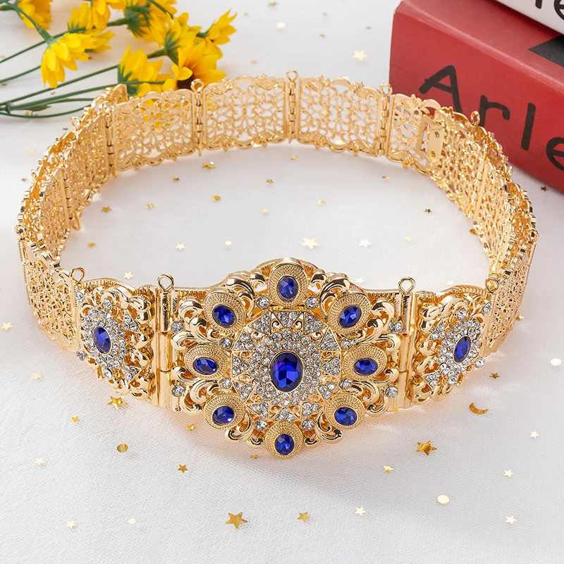 Fatima Fashion marocchino Gemstone Women Dress Belt Hollow Bridal Metal Color oro catena in vita verde blu Pattern Body Jewelry