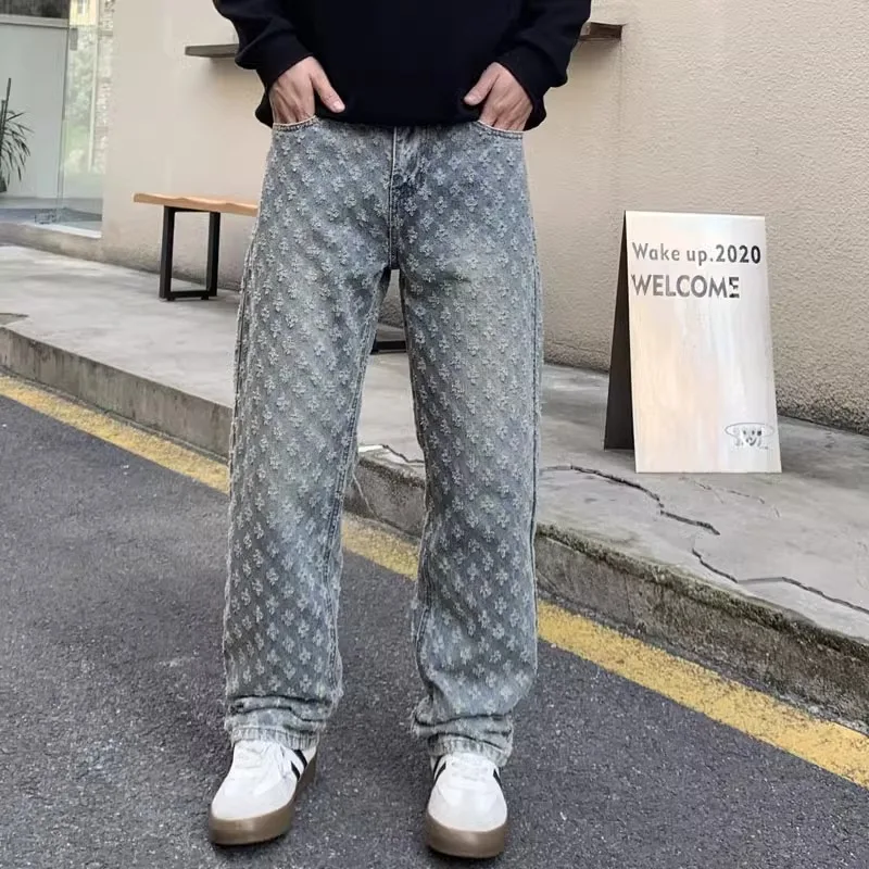 

Американские уличные брюки с цветочным принтом, винтажные широкие мужские джинсы, свободные прямые красивые длинные брюки, молодежная мужская одежда