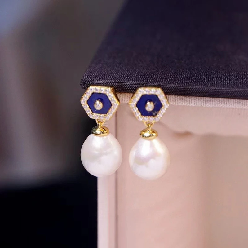 Tear Drop Pearl Earring For Women Fine Jewelry 925Sterling Silver With Lapis Blue Zircon Classic Elegant Female Gift Birthday