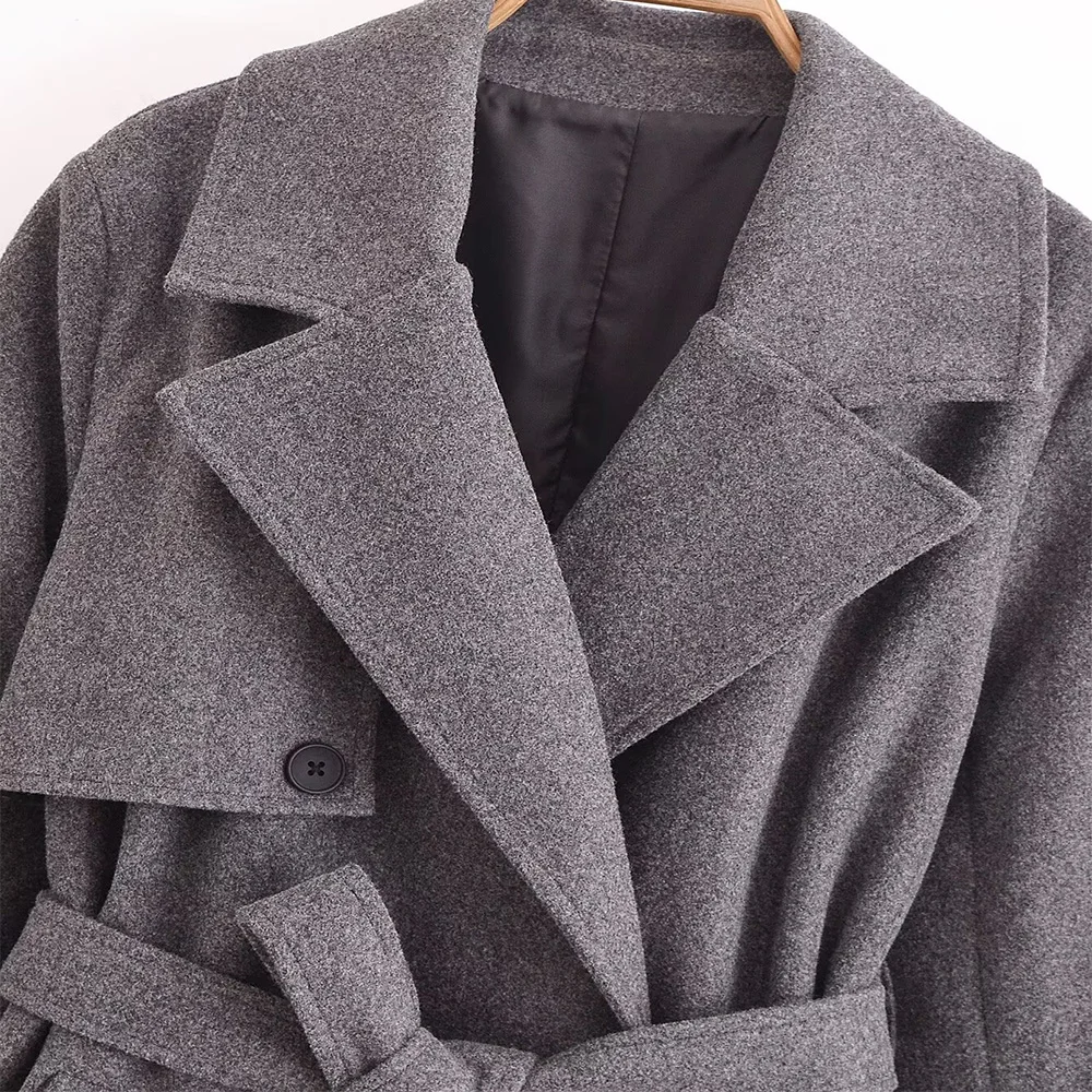 Elegante colore grigio grande colletto rovesciato doppio petto maniche lunghe cintura tascabile design donna cappotto lungo classico allentato ZATAF nuovo