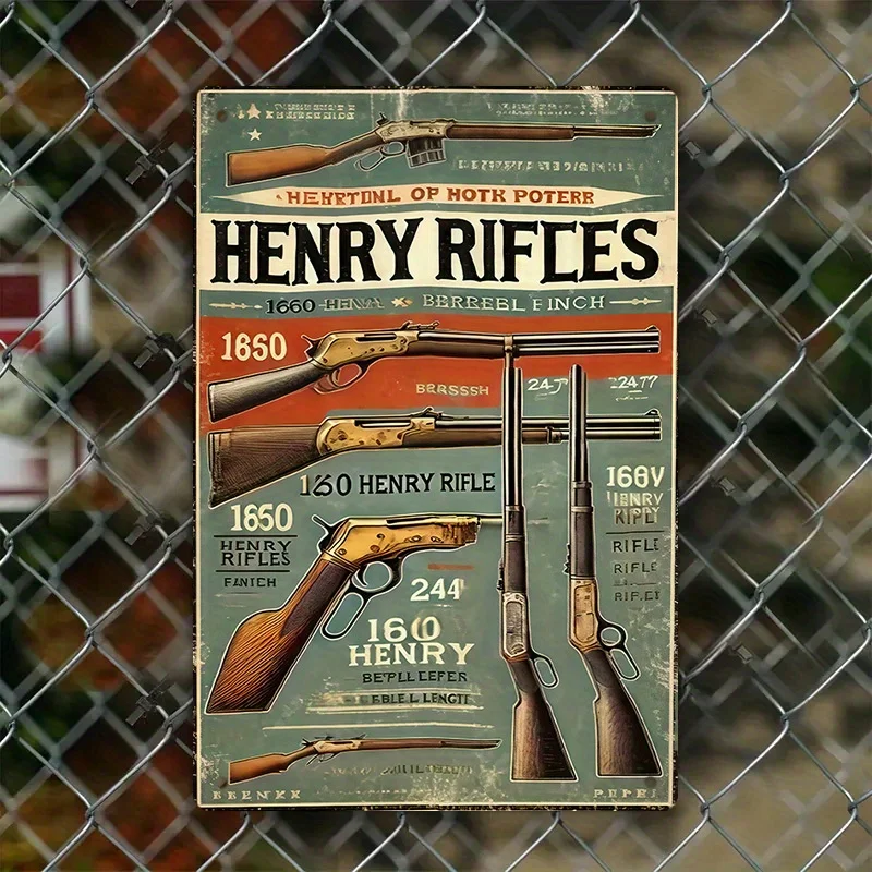 Vintage Henry Rifles Metal Sign - Retro Wall Art with Detailed Rifle Illustrations (1860-1870s), Classic Americana Design,