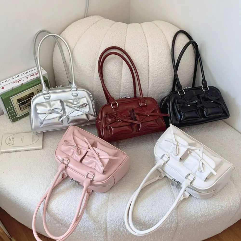 

Trendy French Style Bow Tie Bowling Bag Elegant Bowknot Boston Shoulder Bag Casual Large Capacity Women Handbags Underarm Bag
