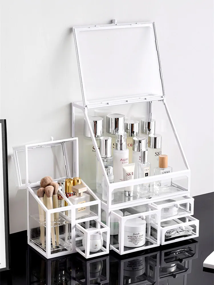 

Glass Cosmetic Storage Box Student Dormi Desktop Organizer eup Box Dustproof Lipsti Skincare Ra Rectangular Tee ...