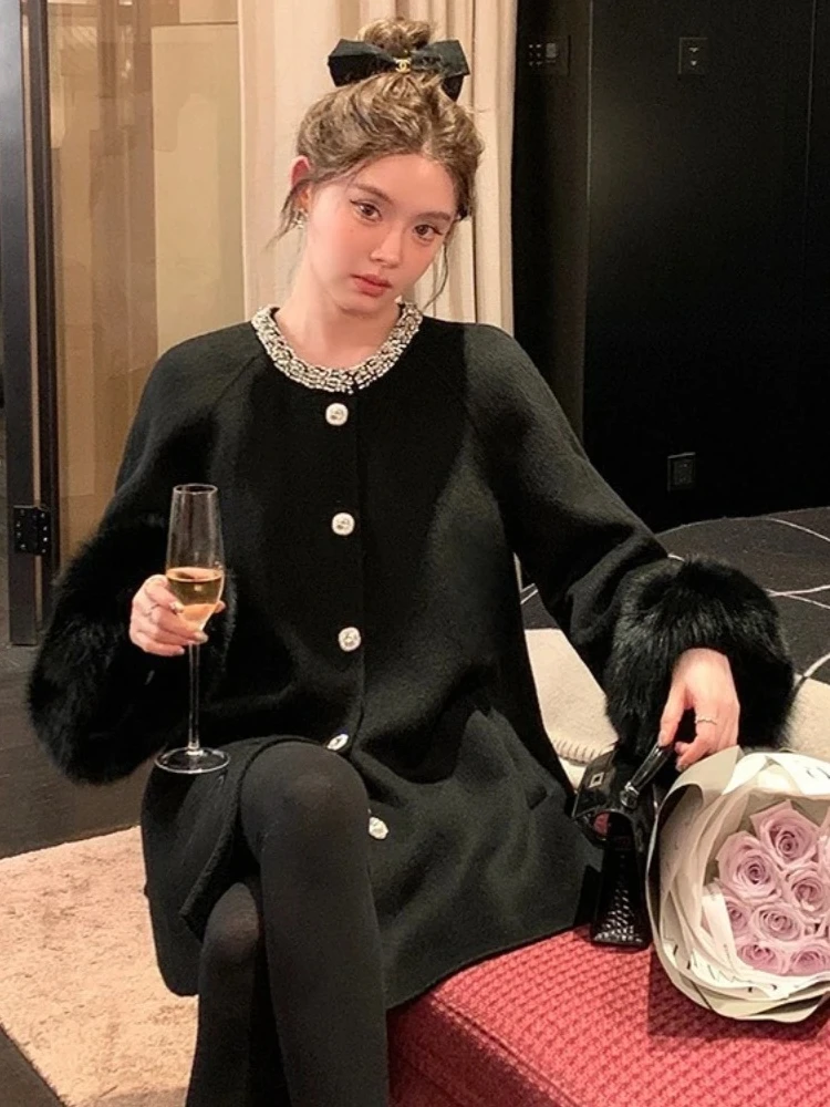 2025 nouvelle mode hiver automne vêtements femmes mi-longue véritable fourrure de renard manchette laine mélanges veste chaud perle cachemire laine manteau