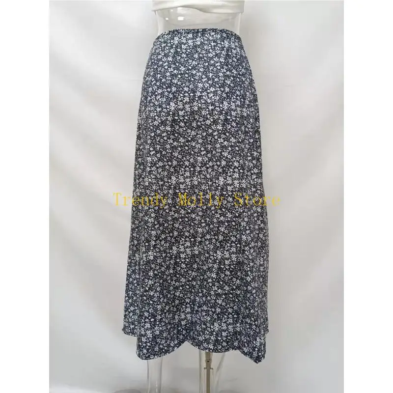 

N5KB Women's Bohemian Floral Print High Waist Split A Line Midi Skirt