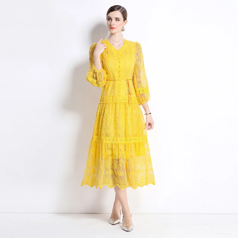 Vestido E de Renda com Decote em V e Mangas Lanternas, Vestido Longo com Botão Único, Estilo de Casaco de Verão Reforçado