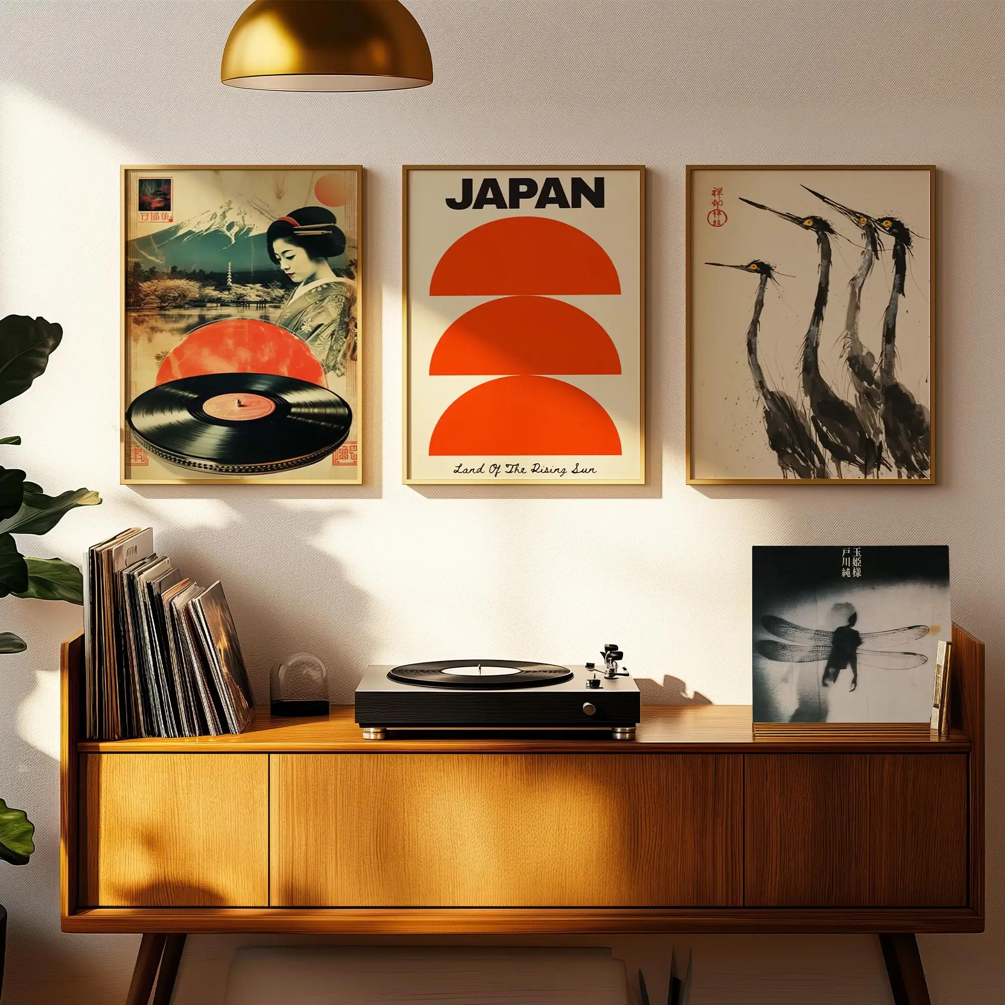 3 Piezas de Arte Mural Retro Japonés, Impresiones en Lienzo de Geisha, Fuji, Sol Rojo y Grulla, Arte Mural Vintage, Regalos para Amantes de la Decoración Oriental del Hogar