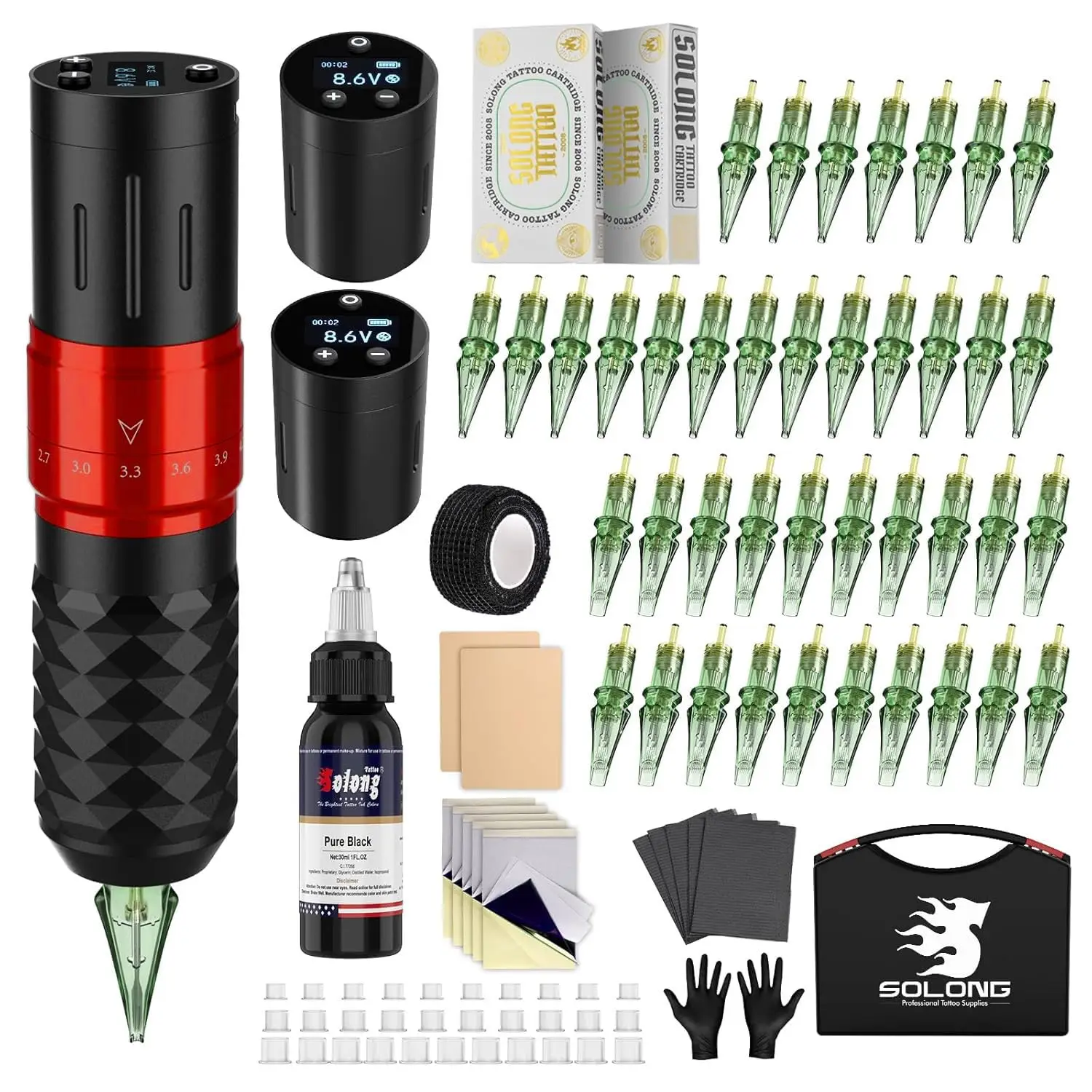 

Professional Wireless Tattoo Kit with Digital LED Display, 6500RPM Brushless Motor, 7 Strokes, 2 Batteries, and 20 Needles