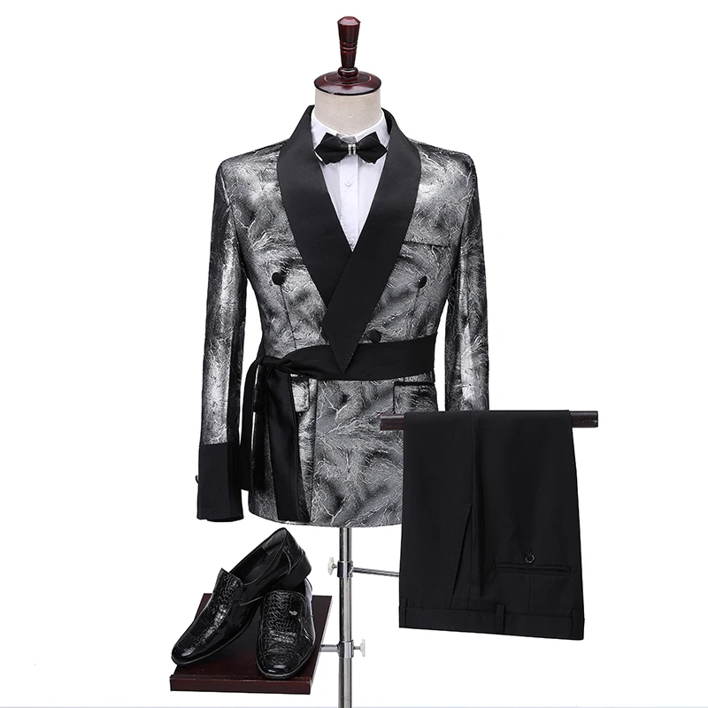 

Double Breasted Shiny Silver Jacket Slim Fit Mens Suits Blazer Pants Belt Wedding Groom Tuxedos Party 2 Piece Terno Masculino