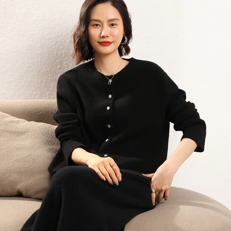 

Women's Curl O-neck Cardigan 100% Cashmere Knit Sweater Basic Simple Thick Long Sleeve Cashmere Autumn Winter Solid Shirt Tops