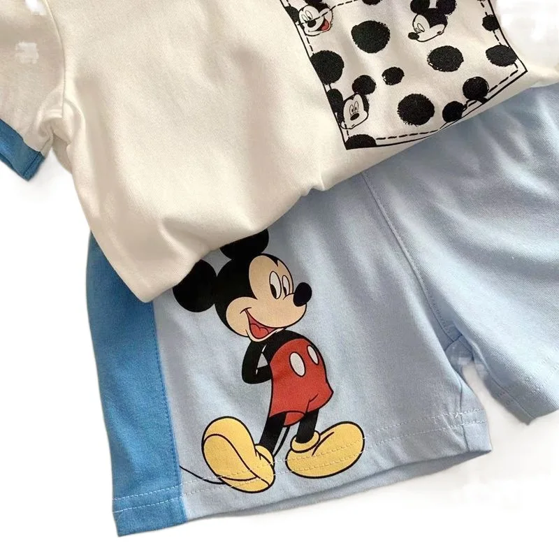ديزني الأطفال مجموعة اللون حظر قصيرة الأكمام أعلى فضفاض الكرتون ميكي السراويل لينة القطن قطعتين مجموعة ملابس الفتيان الفتيات #5