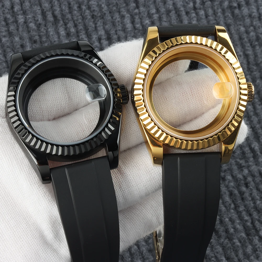 ブラック-ゴールドpvd-36mm-39mm-nh35ウォッチケース-ステンレススチール-防水-メンズケース-ラバーストラップ-セイコーnh35-nh36ムーブメント用