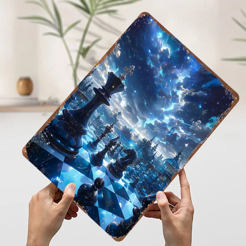 الشطرنج في الفضاء غالاكسي المعادن ملصق ديكور المنزل علامات القصدير المعدنية للتخصيص ل جدار الفن الديكور ديكورات للمنزل الرجعية