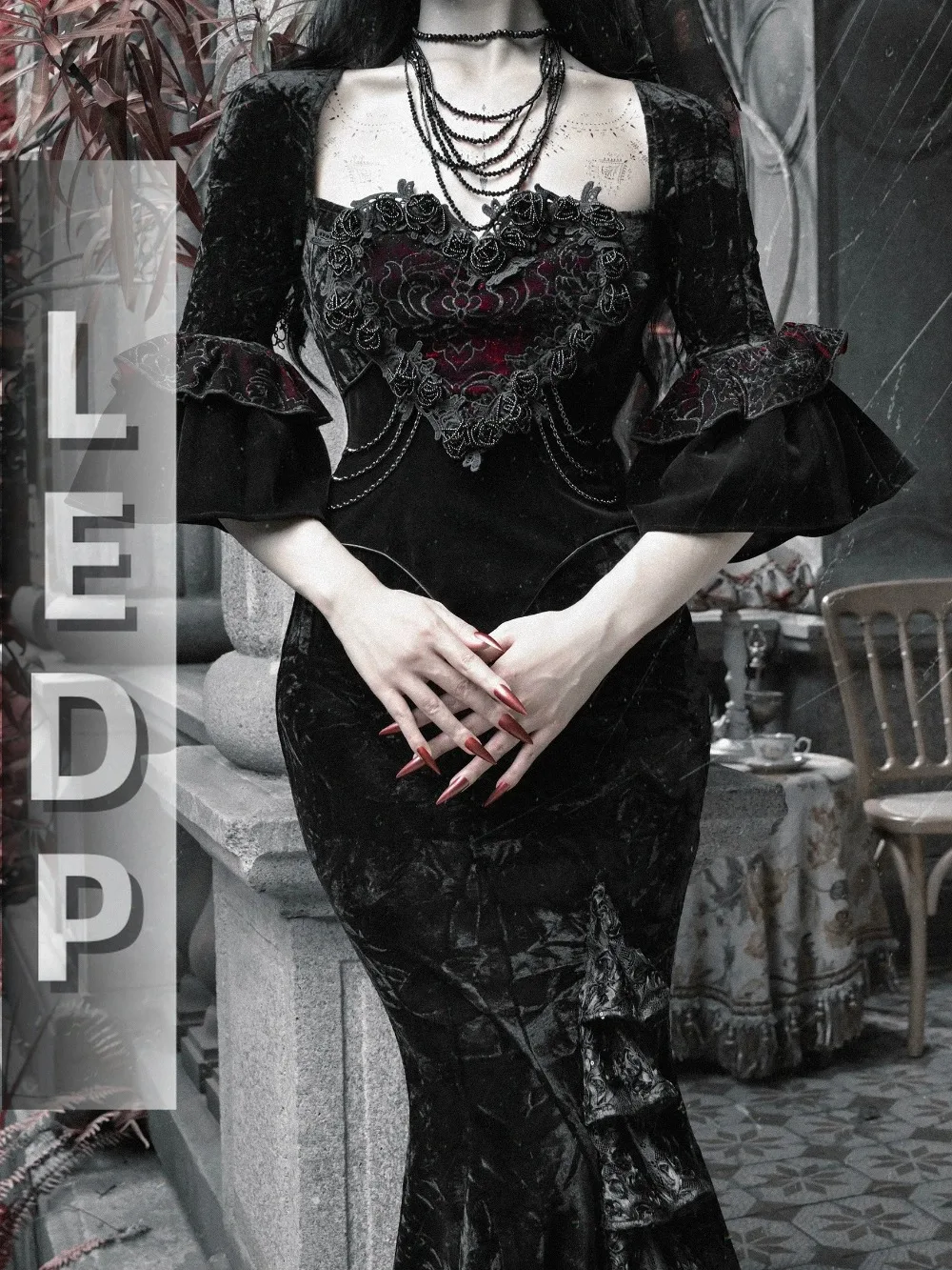 IMU Blood Supply Original Design Bloody Red Black Gothic Velvet Tube Strapless Dress Trumpet Long Slim Party Vestido Halloween