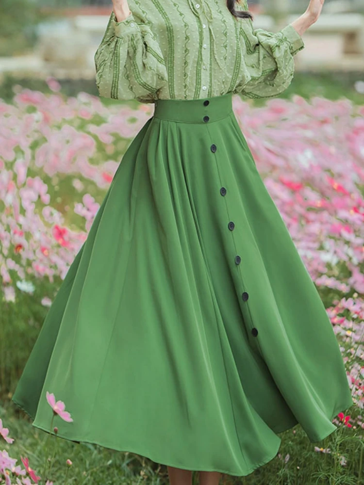 

Chinese Style Spring Summer Green Skirt Women Midi Long Skirt Vintage Mori Girl High Waisted A-Line Cute Pleated Lolita Skirts