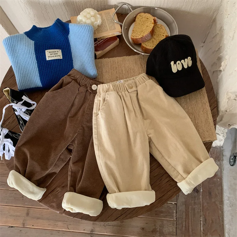 Korean Style Corduroy Straight Fashion Baby Pants High Waist Button Pocket Cute Autumn Winter Kids Trousers for Boys Girls