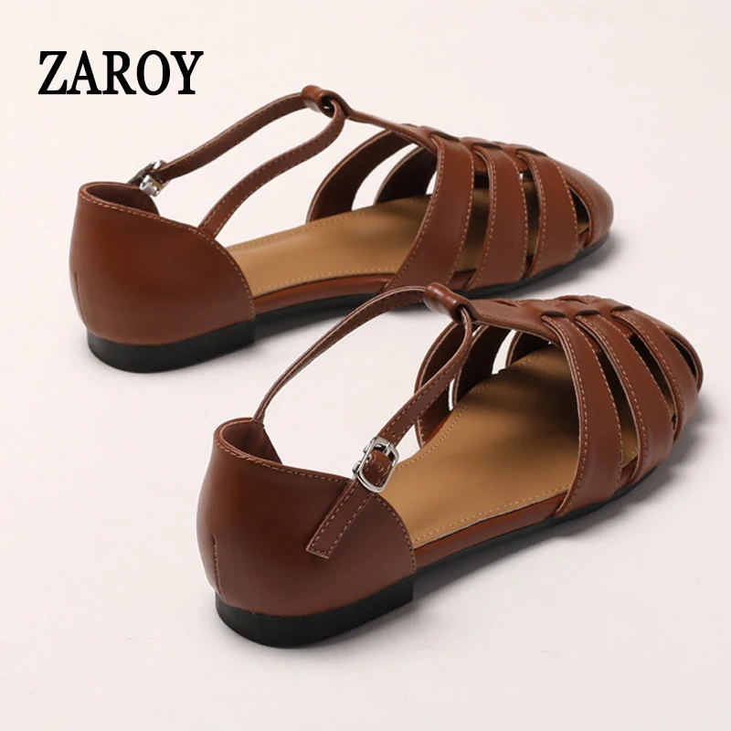 ZAROY Big Size 44 Flats Gladiator Sandals Women PU Leather Ankle Buckle Hollow Roman Sandals Casual Daily Flat Sandalias сан - Image 3