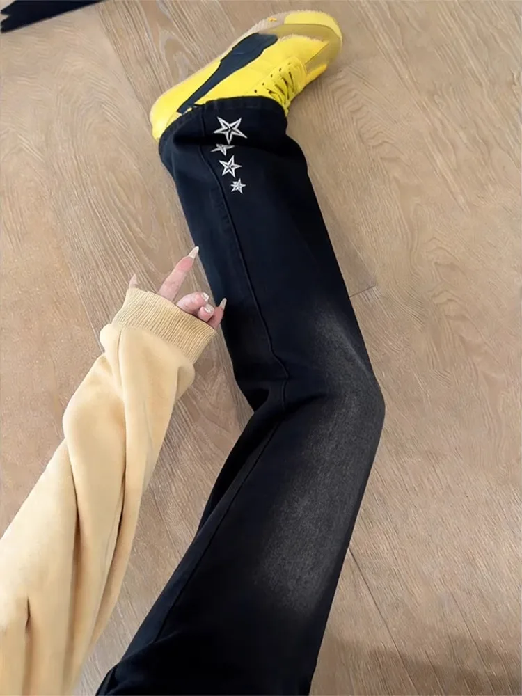 

Stars Embroidery High Waist Straight Leg Jeans Men's Bla Waed out Micro Flared Pants Casual Wear Youth ular Jeans