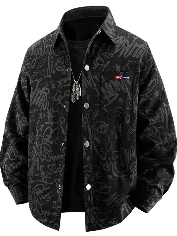 Casual Long Sleeve Graffiti Letter Print Shirt Men's Spring Autumn Flip Collar Loose Fit Fashion Outerwear Youth Leisure Wear