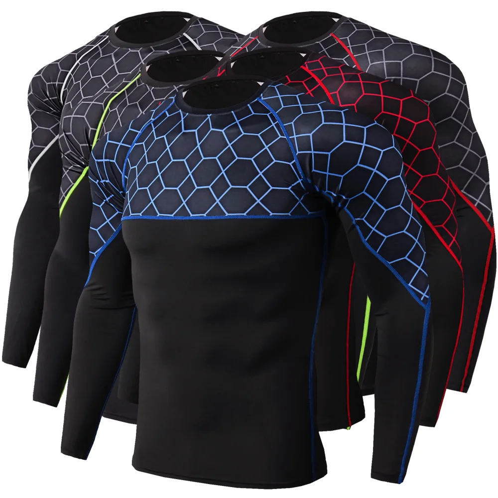 

New Men's Fitness Print Panel Long Sleeve Running Training Sweat Wicking Fast Drying High Elastic Tight Clothes