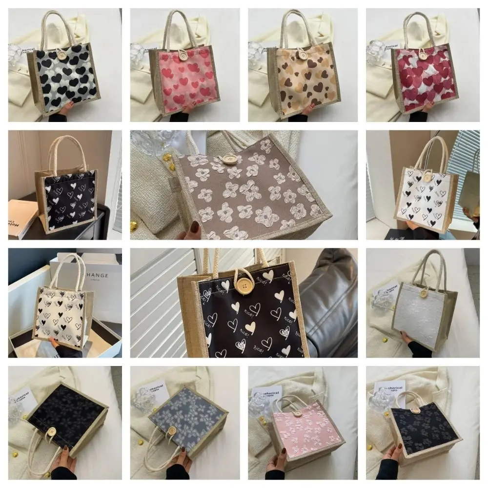 Tas wanita Linen bunga ritsleting mode tas Tote hati cinta kancing kapasitas besar tas tangan Linen Organizer hadiah