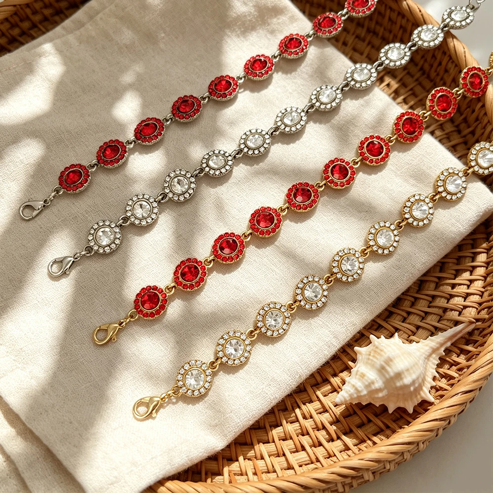 Round Surround-Set Red and White Diamond Bracelet, Vintage Sunflower Rhinestone Chain Bracelet, Women's Evening Dress Accessory