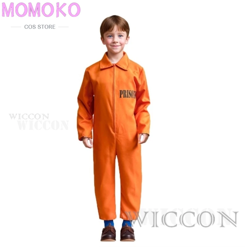 Boy Prisoner Costume Kids Orange Convict Jumpsuit with Handcuffs Jailbird Cosplay Prison Uniform for Halloween Cosplay Party Set