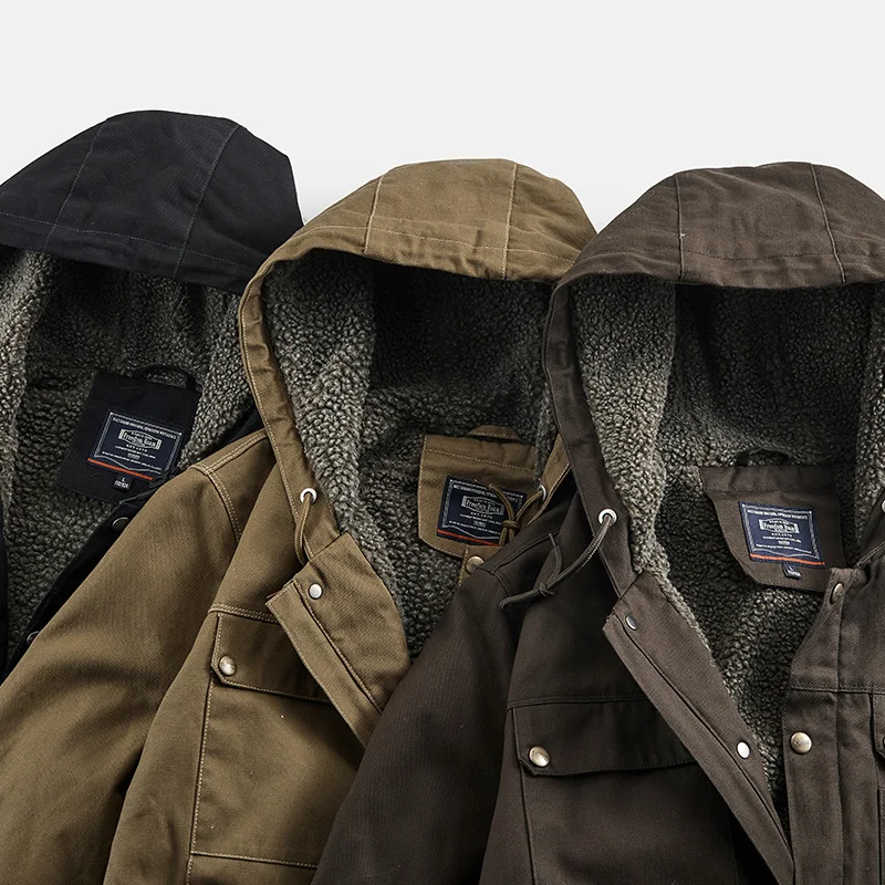 Men's Washed Cotton Hooded Jacket Zip Up Pockets Warm Lined Casual Outdoor Parka For Autumn Winter