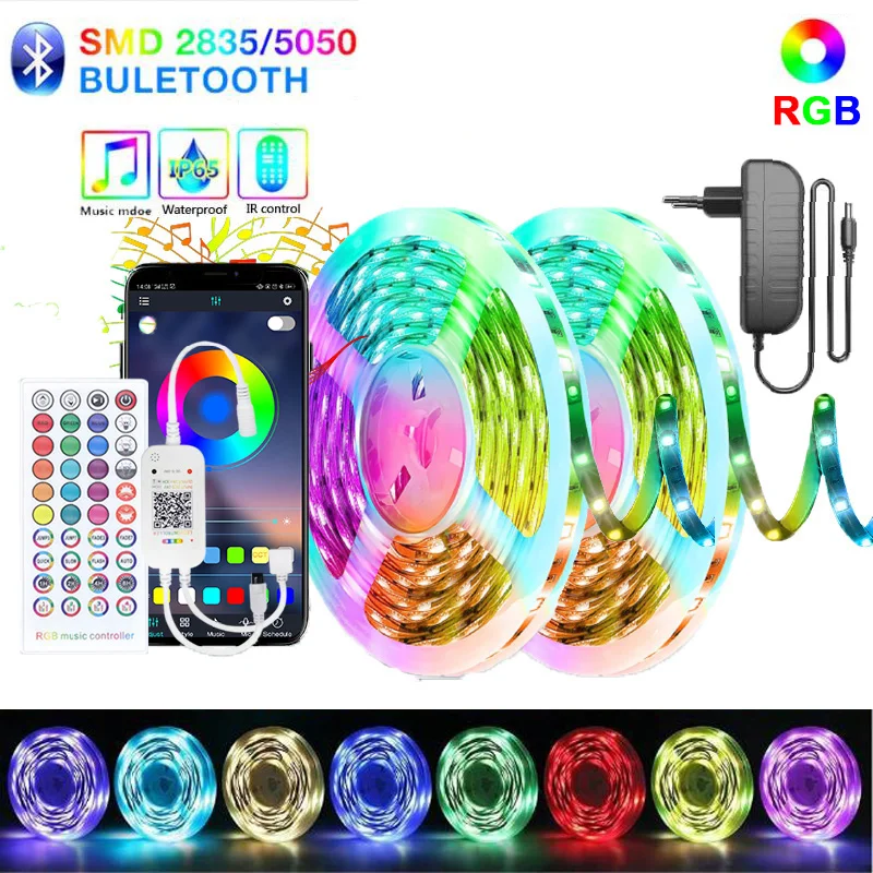 Светодиодная лента постоянного тока 12 В RGB 5050, синхронизация музыки, меняющая цвет, чувствительное управление через приложение, гибкое освещение для игрового стола, подсветка телевизора