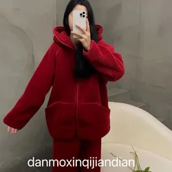 Korean style New Year hooded Coral fleece Pajamas female Winter style Wedding red intensification plush warm A loungewear set