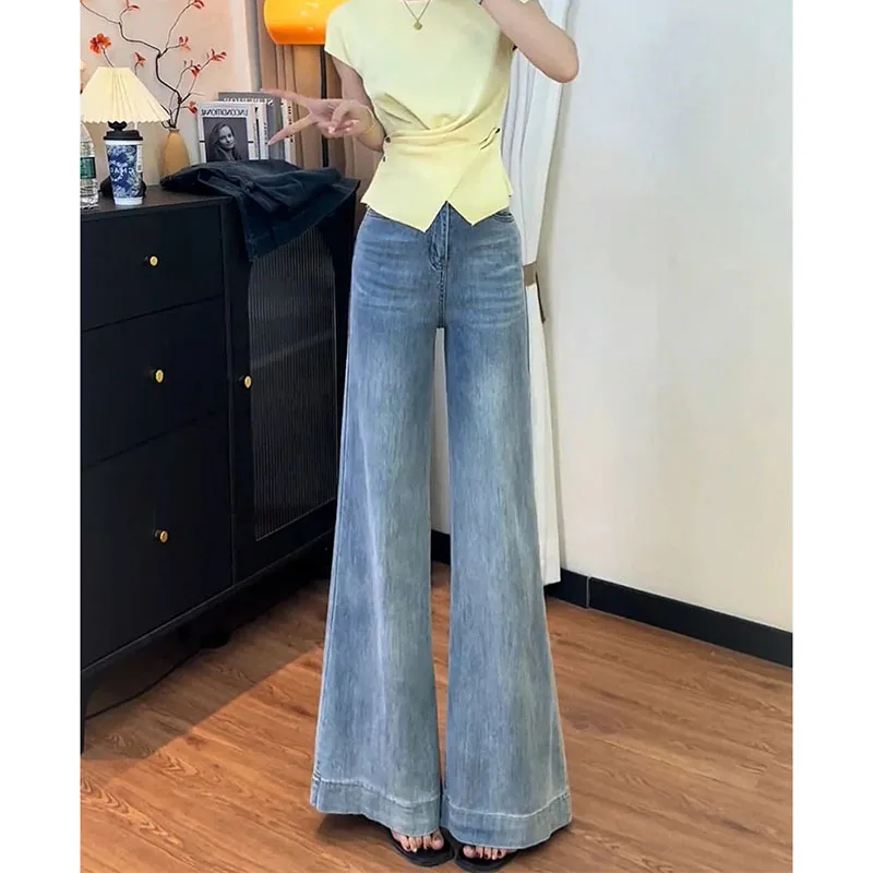 Korean Women Fashion Non Stick Leg Jeans Autumn Female New High Waist Denim Pantalons Ladies Solid Color Flared Cowboy Trousers view 3