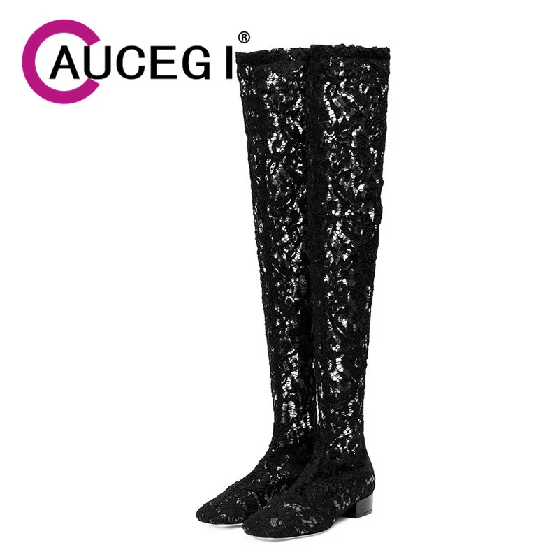 Aucegi Sexy Mesh Floral Lace Women Dance Zipper Over The Knee Boots Square Toe Low Thick High Heels Black Dress Dancing Shoes