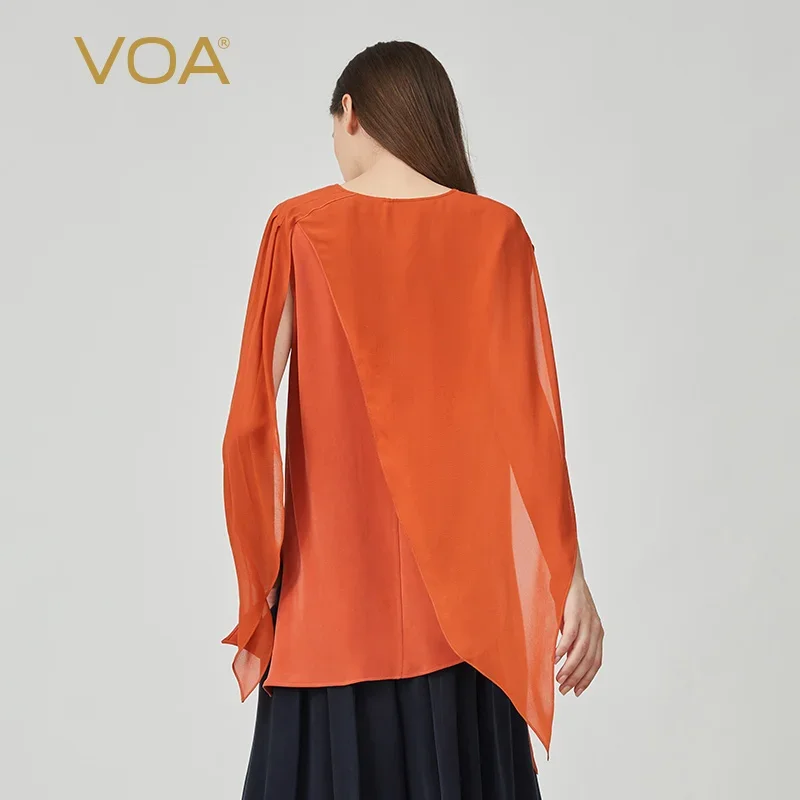 VOA Silk 30m/m Heavyweight Retro Red V-Neck Bumper Stitching Distressed Craftsmanship Shawl Long-Sleeved T-Shirt Female BE820