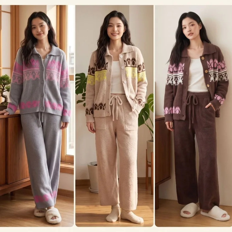 Jacquard Pajamas Lapel Cardigan and Long Pants A New Soft Relaxation Comfort Thick Warm Women's Home Wear Set for Autumn Winter.