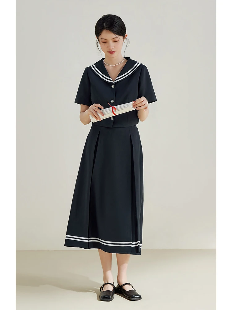 ZIQIAO Retro Navy Style Suit for Women Summer Niche High Waist A-line Skirt Slim Sailor Collar Short Top Two piece Set Female