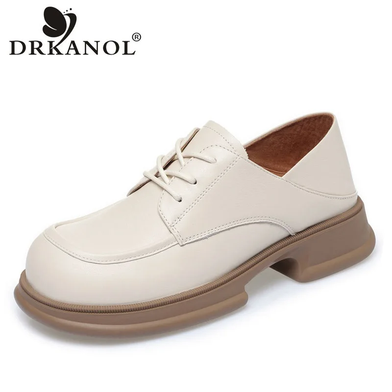 

DRKANOL Oxford Shoes For Women British Style Spring Autumn Lace-Up Round Toe Thick Heel Platform Split Leather Casual Shoes