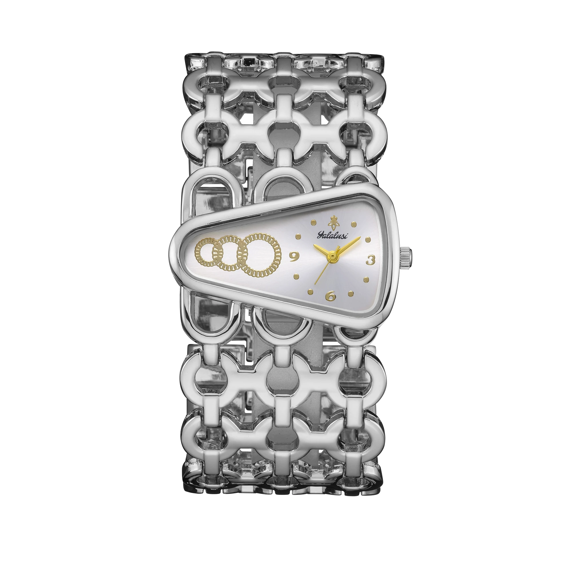 YaLaLuSi Silver Irregular Women Watch Crystal Triple Ring Dial Wide Hollow Link Bracelet Avant-Garde Ladies Quartz Wristwatch With Gift Box