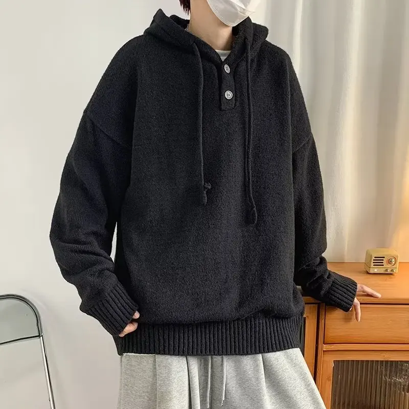 

Casual Knitted Long Sve Hoodie Simple Sle Polyester Fiber Fat People All-Match Color Sweater for Autumn Winter