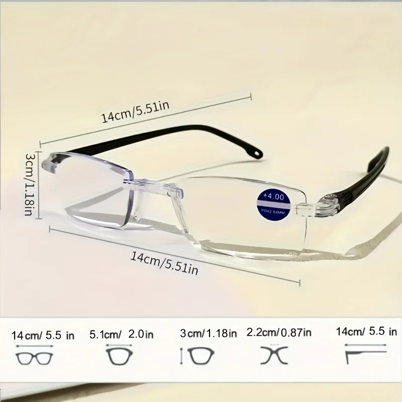 12 Stück rahmenlose Presbyopie-Brillen, ultraleichter quadratischer Rahmen, Herren-Lesebrille, R-Brillengläser, Stärke +100 bis +400 – Detail 6